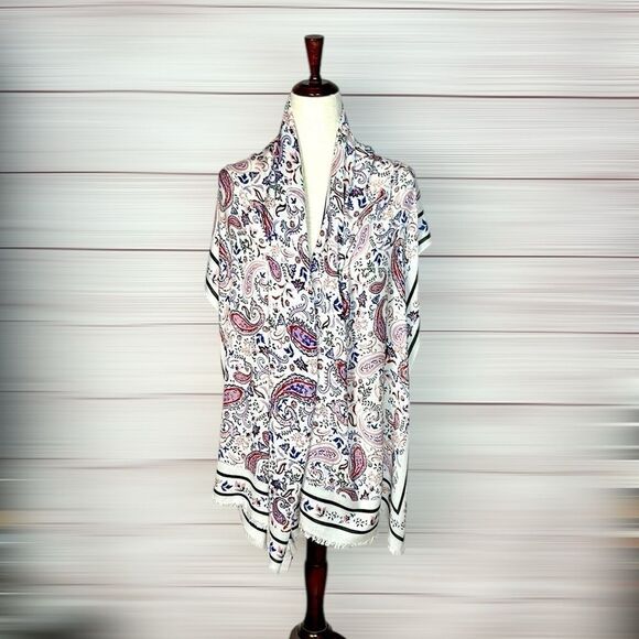 NWT Talbots Oblong Scarf Viscose Watercolor Paisley White Blue Red 27x72” - Picture 6 of 10